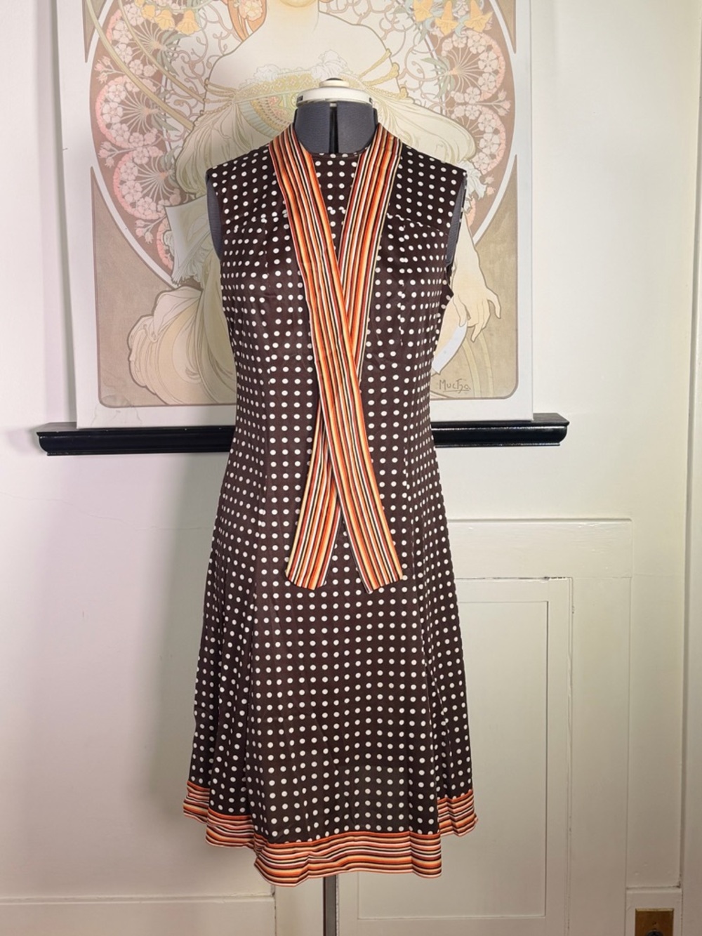 Women’s Vintage 60s Brown & Cream Polk Dot A-Line Mod Shift Dress w/ Scarf M - Picture 4 of 10